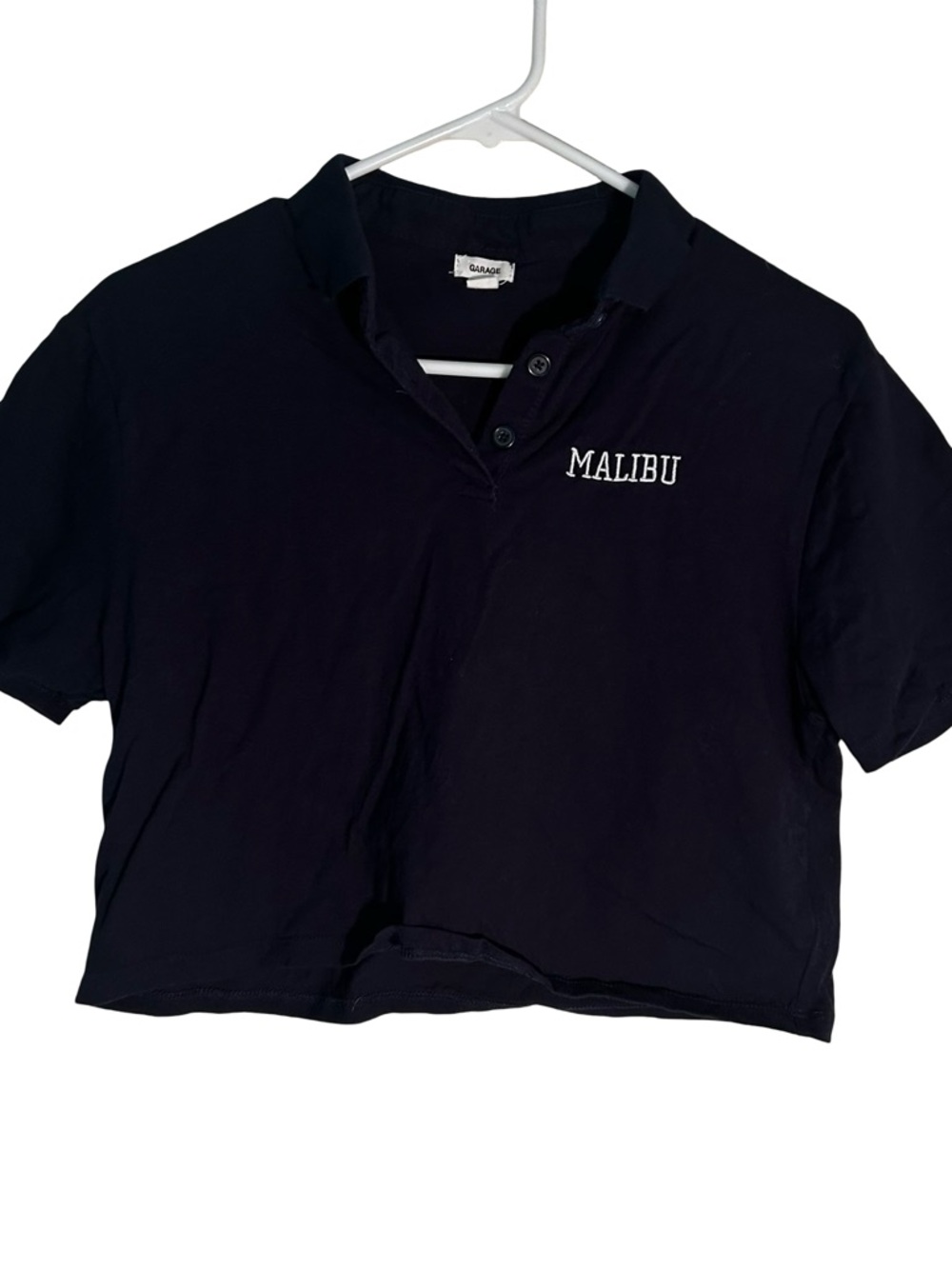 Garage Navy Blue Polo Crop Top with White Malibu Embroidery